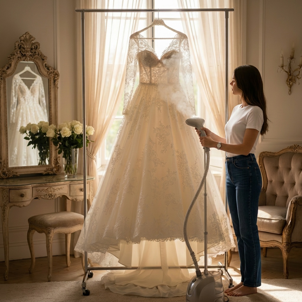 Professional on-site wedding dress steaming at a hotel venue
